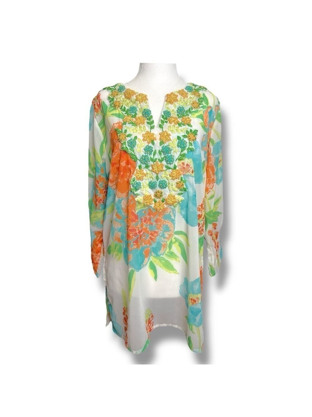 Gretchen Scott Sheer Floral Tunic Blouse Crochet Knit Flowers 3/4 Sleeve Size M
